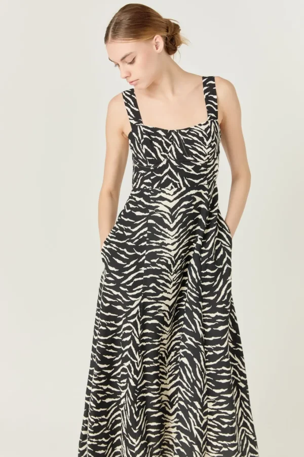 ENDLESS ROSE Tops*- Animal Tiger Print Maxi Dress BLACK/IVORY