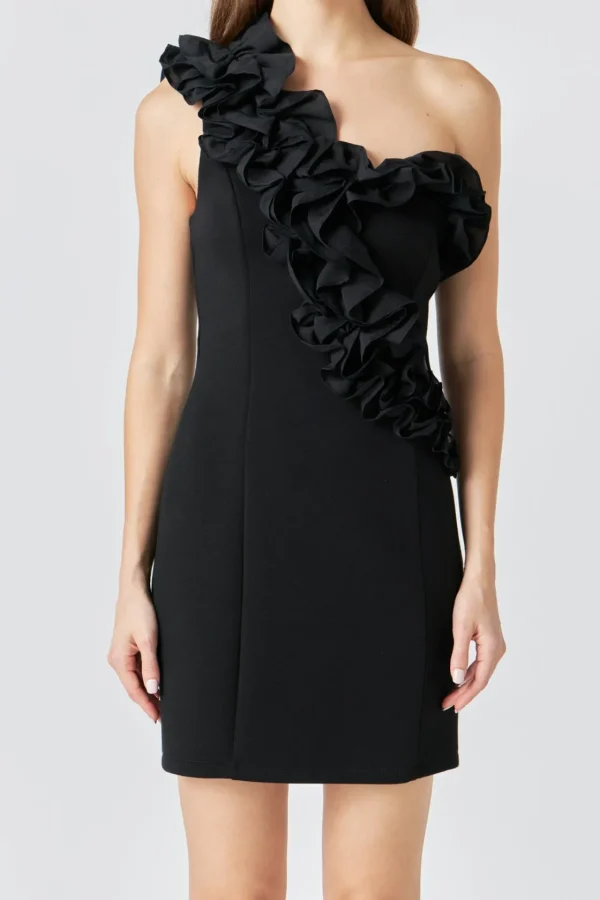 ENDLESS ROSE One Shoulder | Bodycon Dresses*- Asymmetrical Ruffle Stretch Mini Dress BLACK
