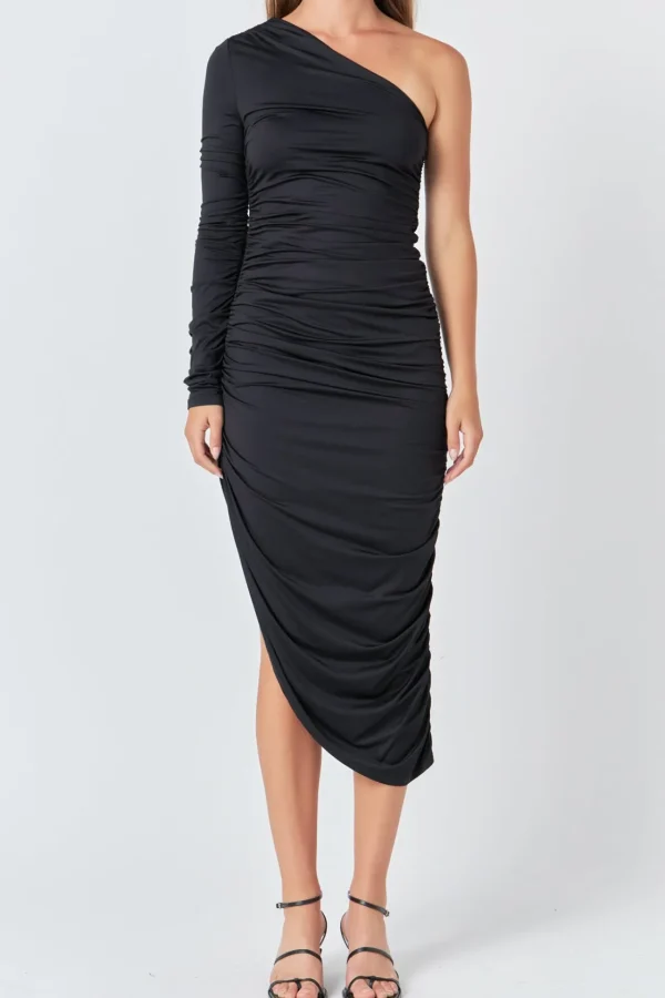 ENDLESS ROSE One Shoulder | Tops*- Asymmetrical Knit Midi Dress BLACK