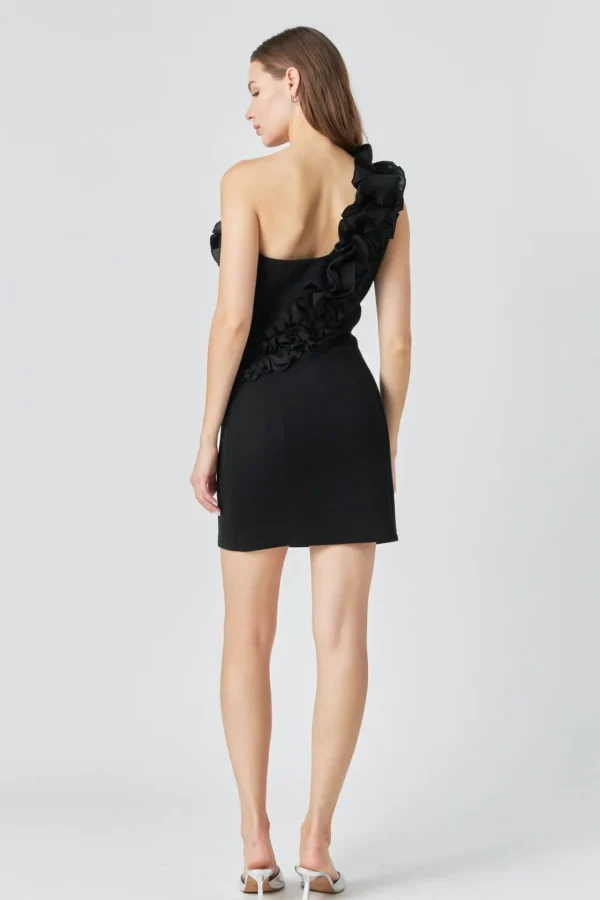 ENDLESS ROSE One Shoulder | Bodycon Dresses*- Asymmetrical Ruffle Stretch Mini Dress BLACK