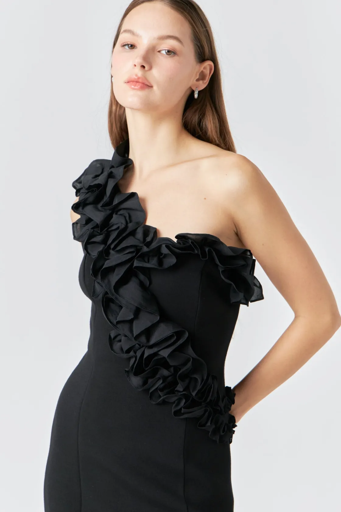endless_rose__asymmetrica_3-4.webp ENDLESS ROSE One Shoulder | Bodycon Dresses*- Asymmetrical Ruffle Stretch Mini Dress BLACK