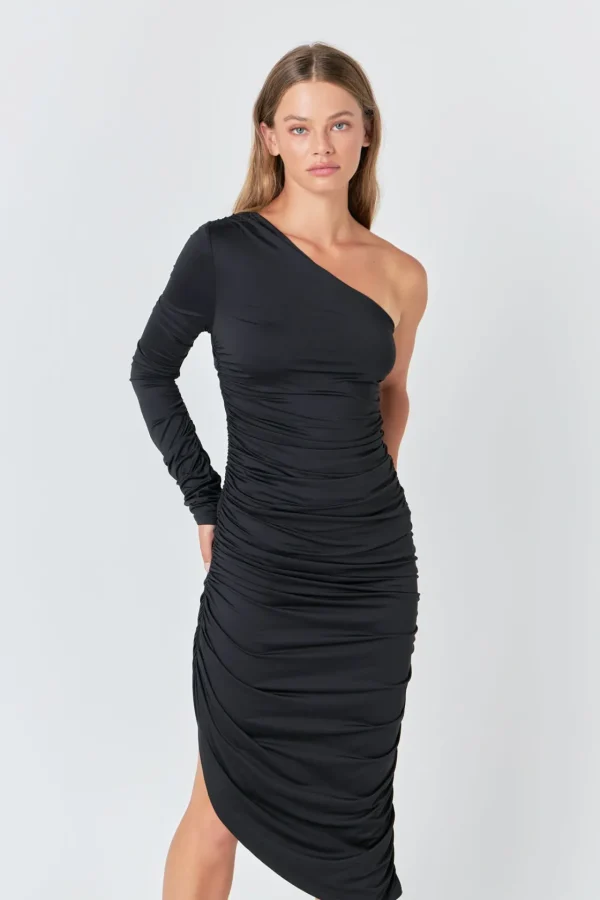 ENDLESS ROSE One Shoulder | Tops*- Asymmetrical Knit Midi Dress BLACK