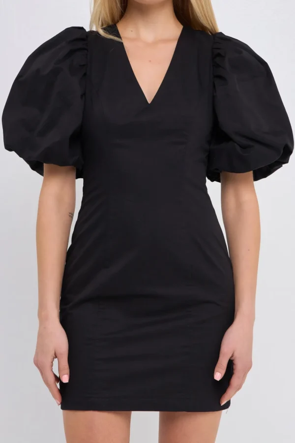 ENDLESS ROSE Little Black Dress | Puff Sleeve*- Back Schrunchie Mini Dress BLACK