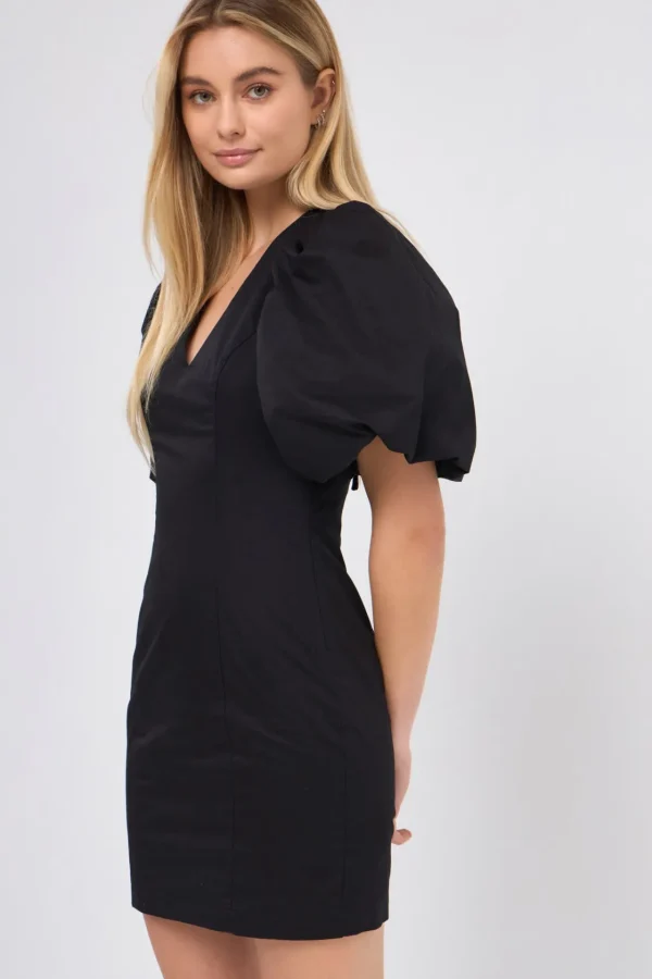 ENDLESS ROSE Little Black Dress | Puff Sleeve*- Back Schrunchie Mini Dress BLACK