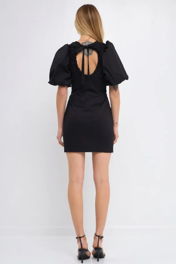 ENDLESS ROSE Little Black Dress | Puff Sleeve*- Back Schrunchie Mini Dress BLACK