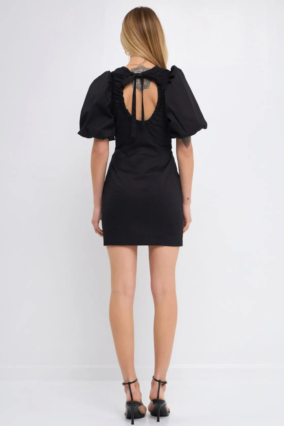 endless_rose__back_schrun_2.webp ENDLESS ROSE Little Black Dress | Puff Sleeve*- Back Schrunchie Mini Dress BLACK