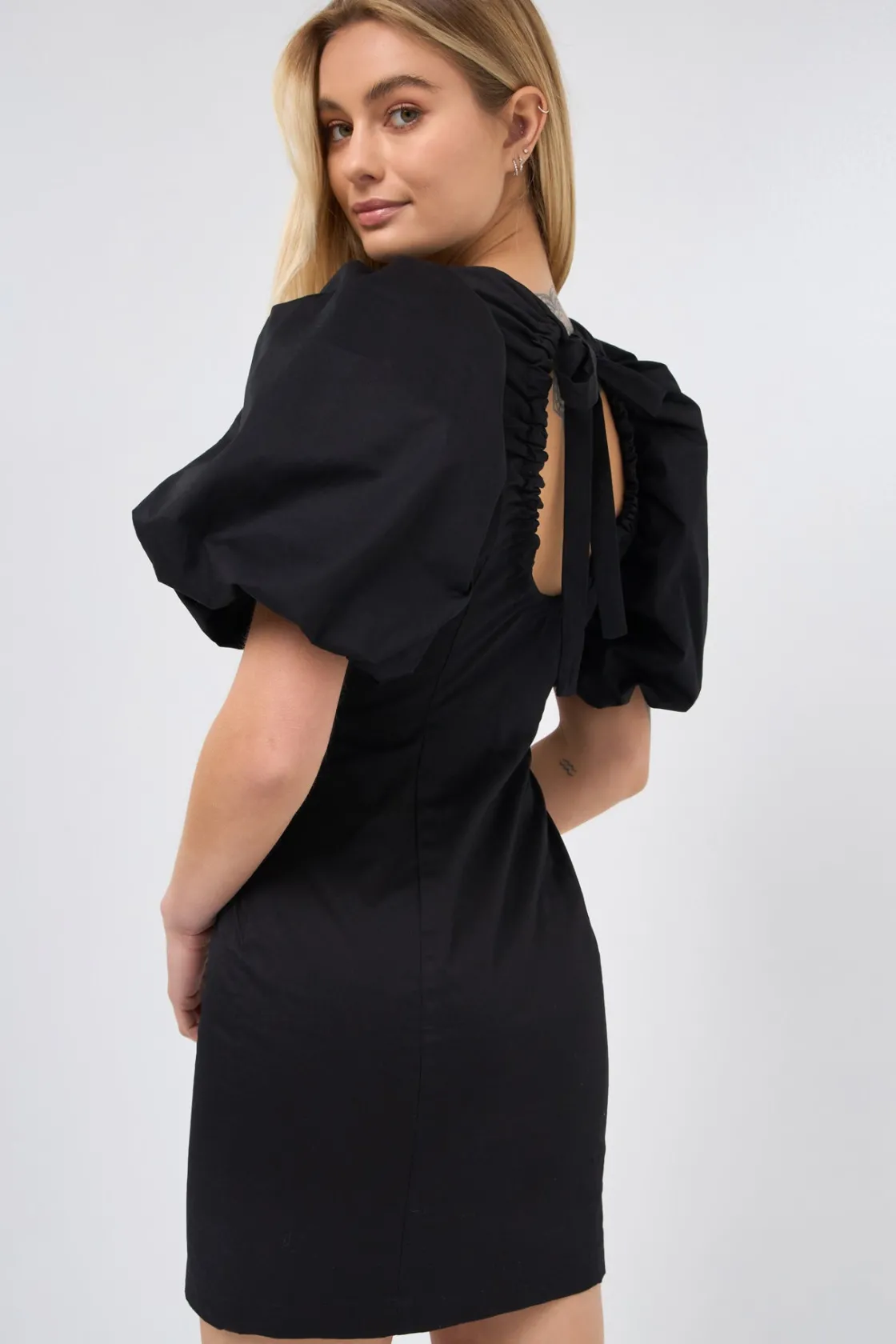 endless_rose__back_schrun_3.webp ENDLESS ROSE Little Black Dress | Puff Sleeve*- Back Schrunchie Mini Dress BLACK