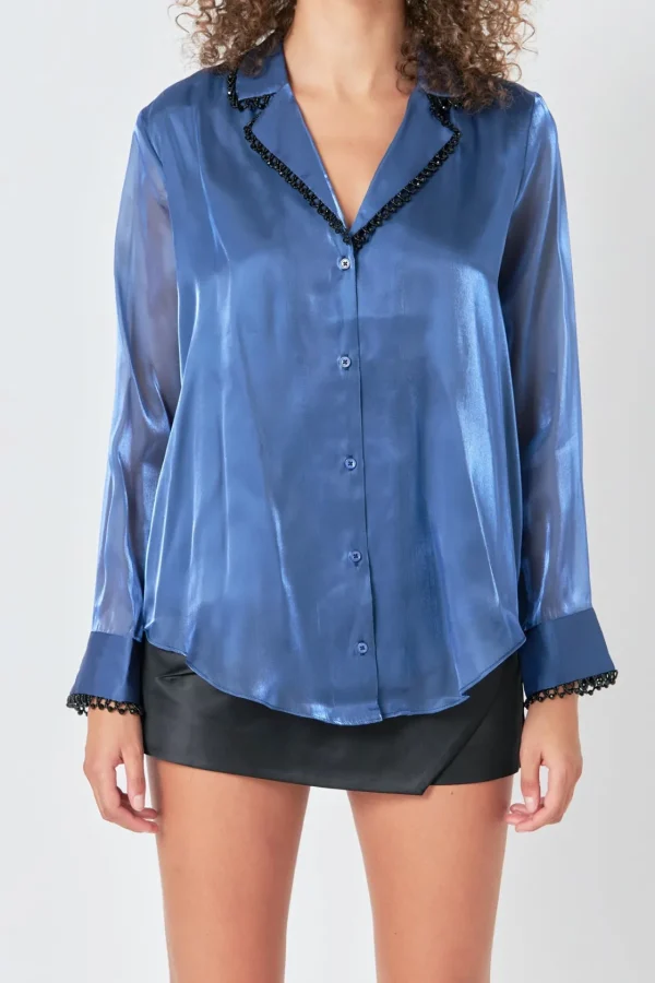 ENDLESS ROSE Shirts & Blouses | Tops*- Beaded Collar Relaxed Blouse NAVY