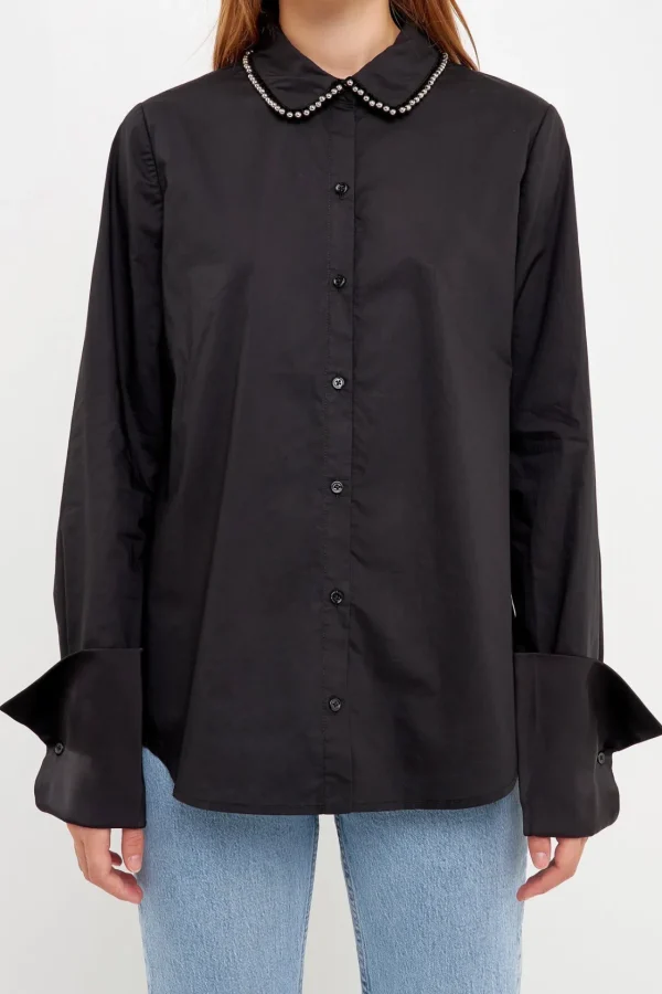 ENDLESS ROSE Shirts & Blouses | Tops*- Beaded Collar Long-Sleeve Shirt BLACK