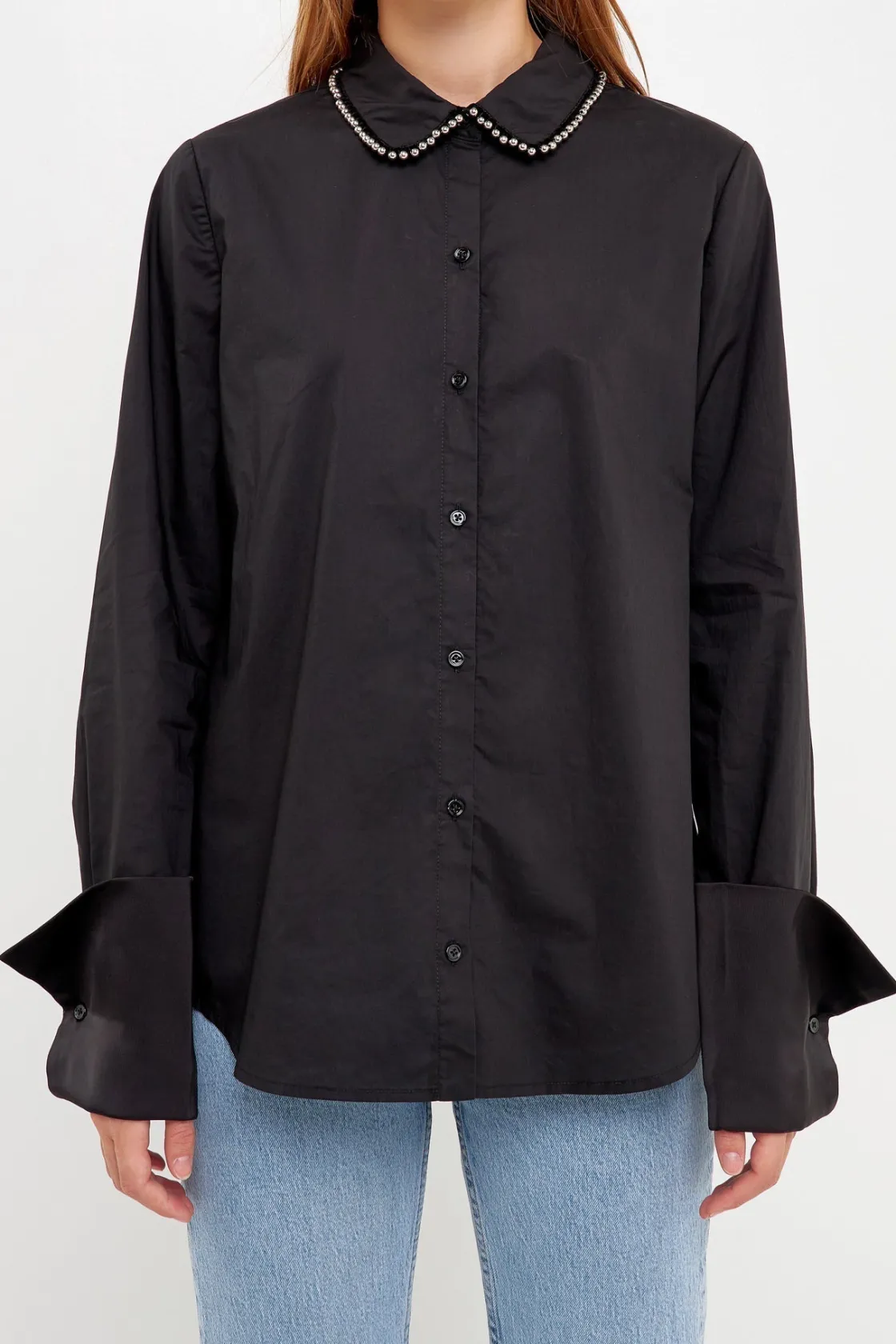 endless_rose__beaded_coll_0.webp ENDLESS ROSE Shirts & Blouses | Tops*- Beaded Collar Long-Sleeve Shirt BLACK