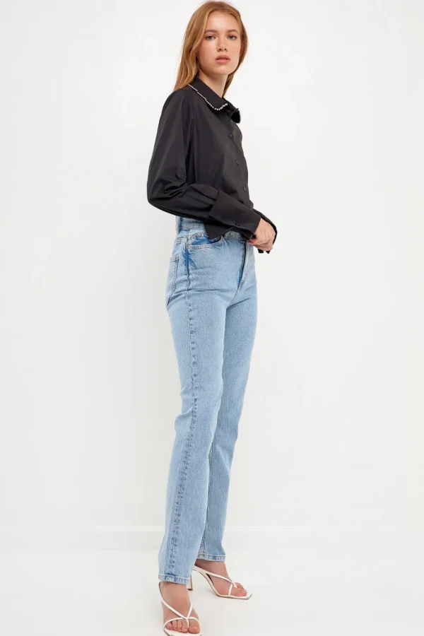 ENDLESS ROSE Shirts & Blouses | Tops*- Beaded Collar Long-Sleeve Shirt BLACK