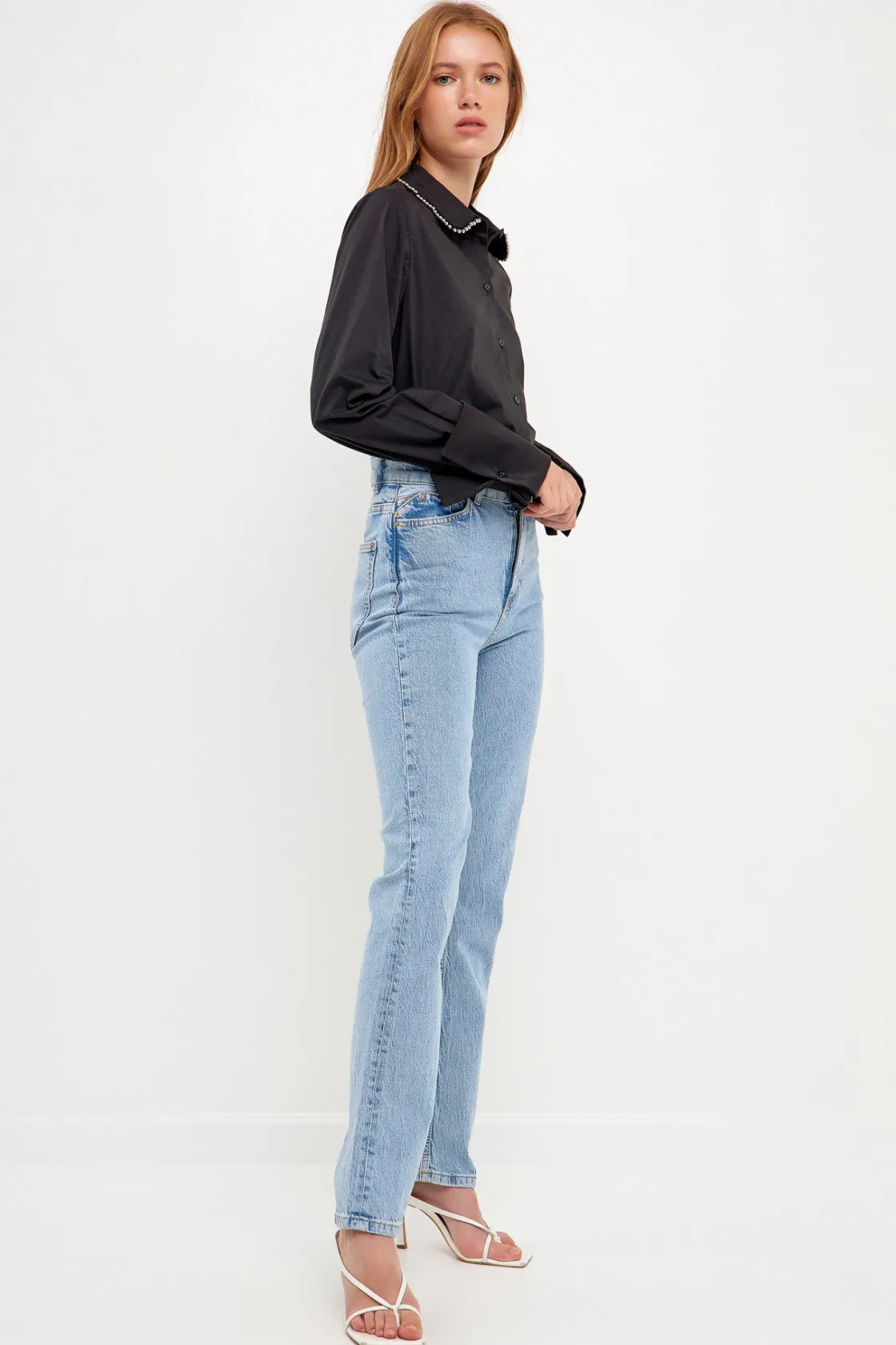 endless_rose__beaded_coll_1.webp ENDLESS ROSE Shirts & Blouses | Tops*- Beaded Collar Long-Sleeve Shirt BLACK