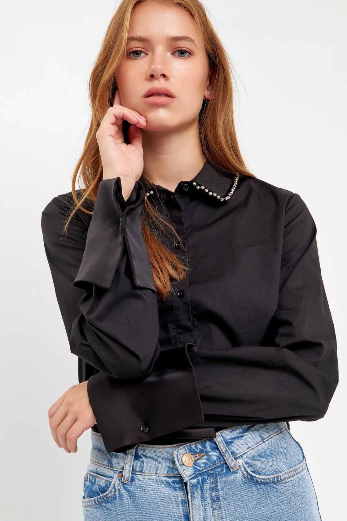 endless_rose__beaded_coll_3.webp ENDLESS ROSE Shirts & Blouses | Tops*- Beaded Collar Long-Sleeve Shirt BLACK