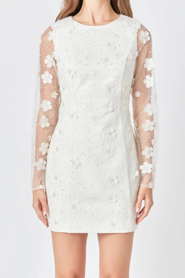 ENDLESS ROSE Tops*- Beaded Overlay Floral Mini Dress CREAM