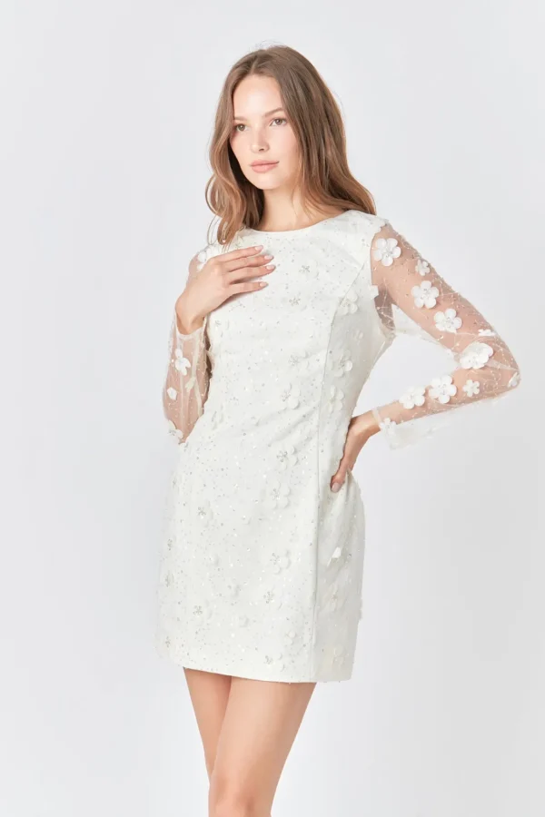 ENDLESS ROSE Tops*- Beaded Overlay Floral Mini Dress CREAM