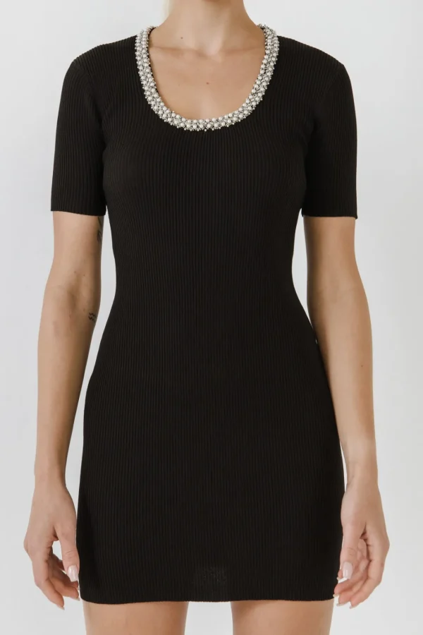 ENDLESS ROSE Tops*- Beads & Faux Pearl Neckline Knit Mini Dress BLACK