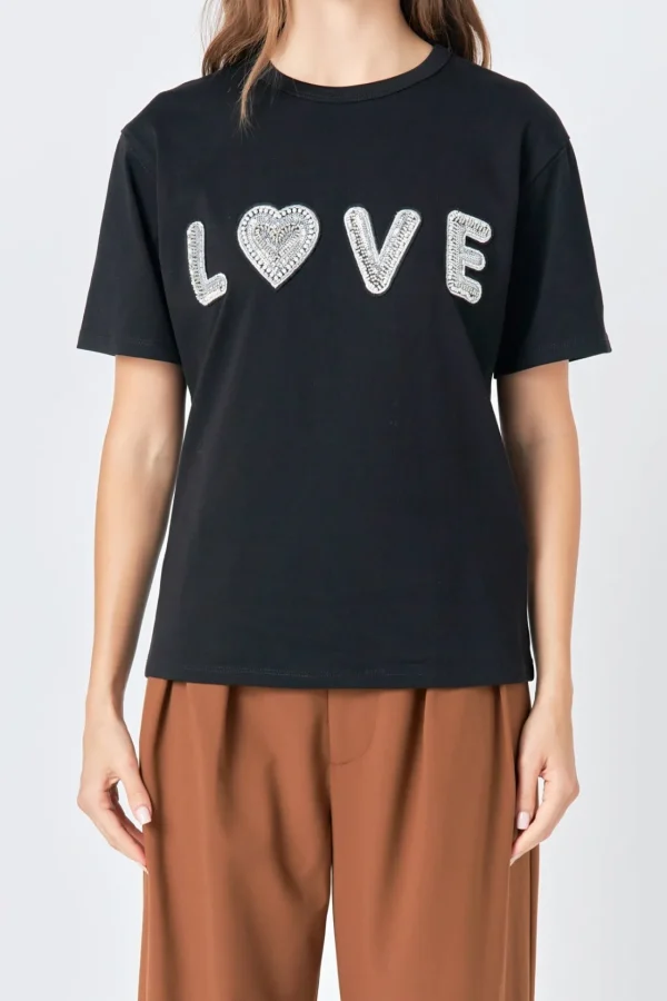 ENDLESS ROSE Tops*- Beads Embellished Patch T-Shirt BLACK