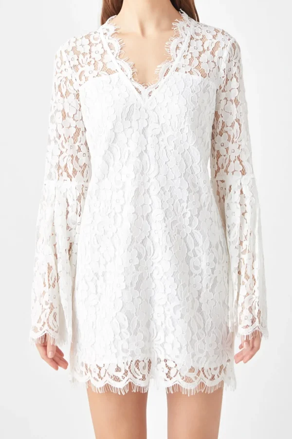 ENDLESS ROSE Lace Dresses | Tops*- Bell Sleeve V-Neck Lace Dress IVORY