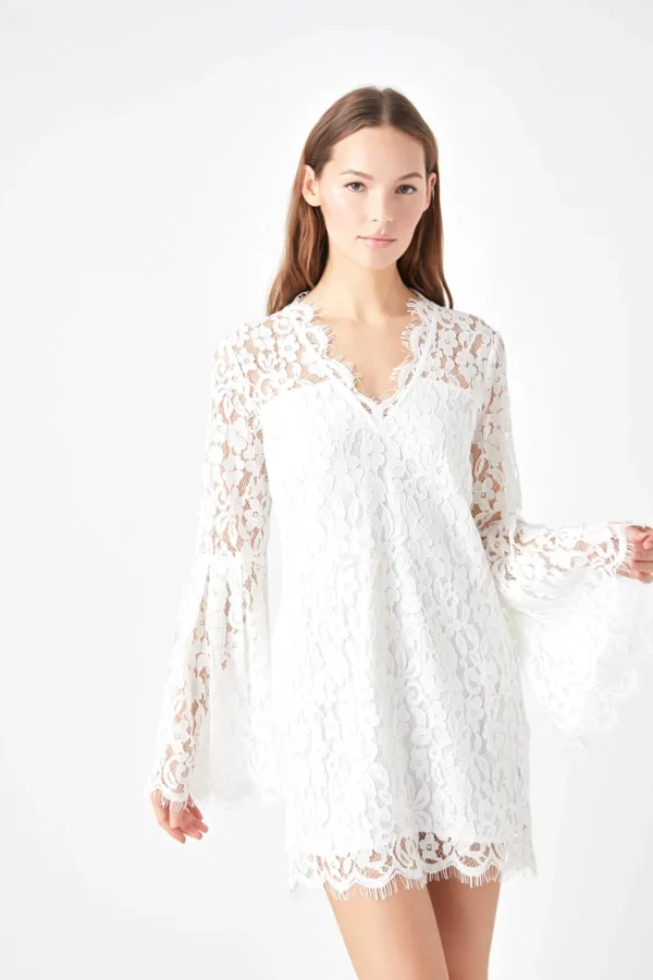 ENDLESS ROSE Lace Dresses | Tops*- Bell Sleeve V-Neck Lace Dress IVORY
