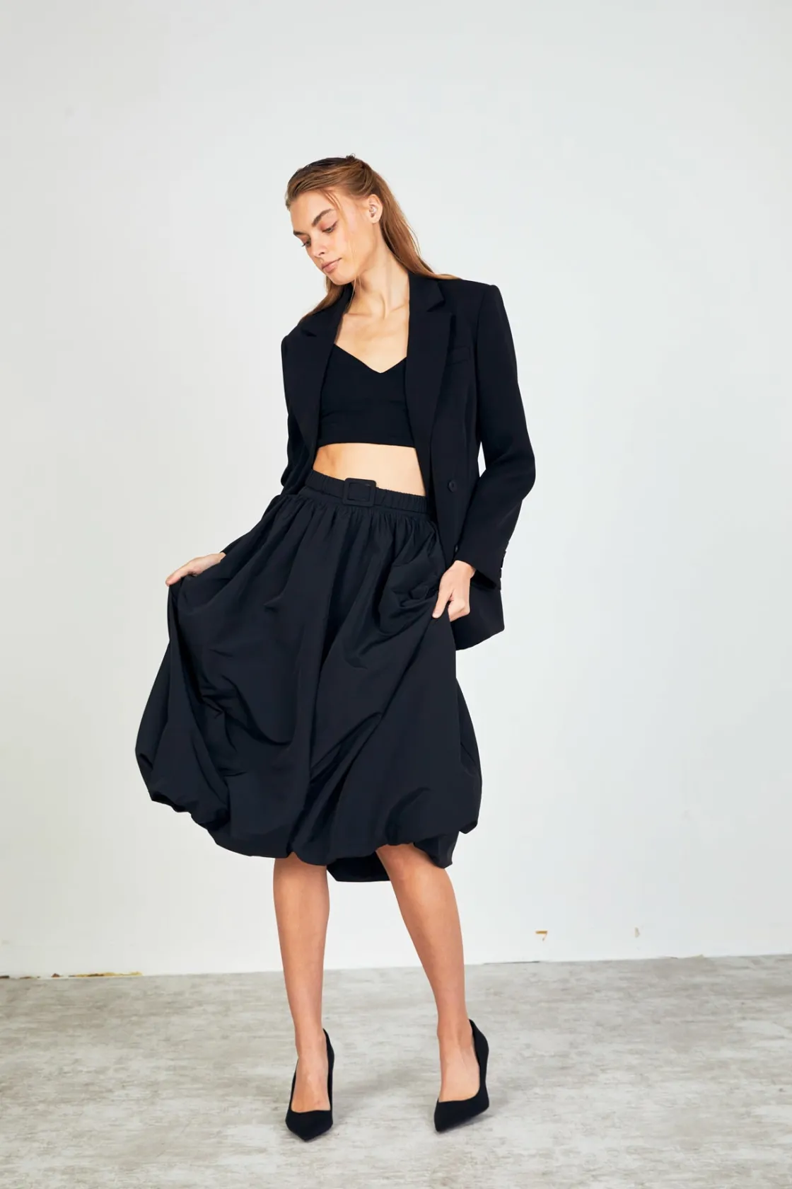 endless_rose__belted_blou_4.webp ENDLESS ROSE Skirts | Tops*- Belted Blouson Midi Skirt BLACK