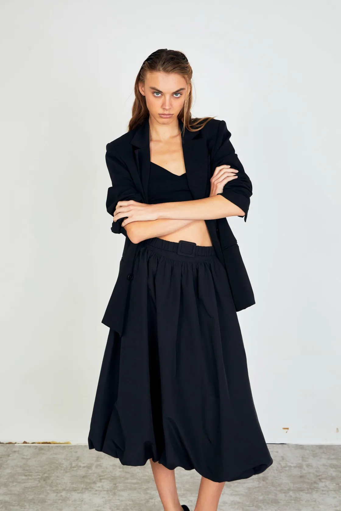 endless_rose__belted_blou_5.webp ENDLESS ROSE Skirts | Tops*- Belted Blouson Midi Skirt BLACK