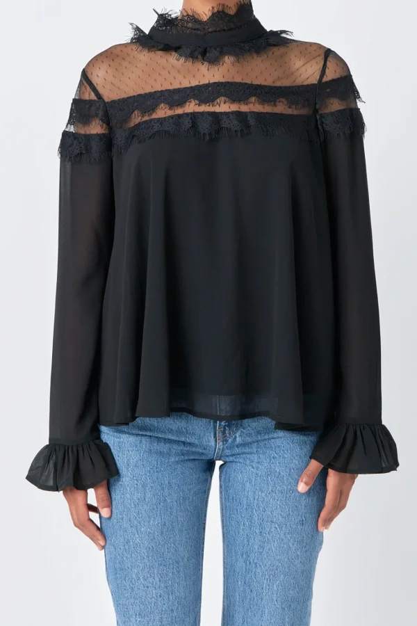 ENDLESS ROSE Tops*- Blouse with Mesh Yoke and Lace Trim Detail BLACK