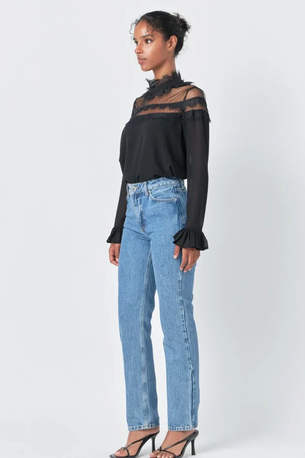 ENDLESS ROSE Tops*- Blouse with Mesh Yoke and Lace Trim Detail BLACK
