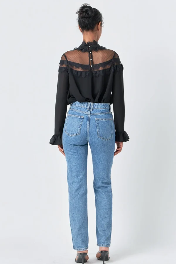 ENDLESS ROSE Tops*- Blouse with Mesh Yoke and Lace Trim Detail BLACK