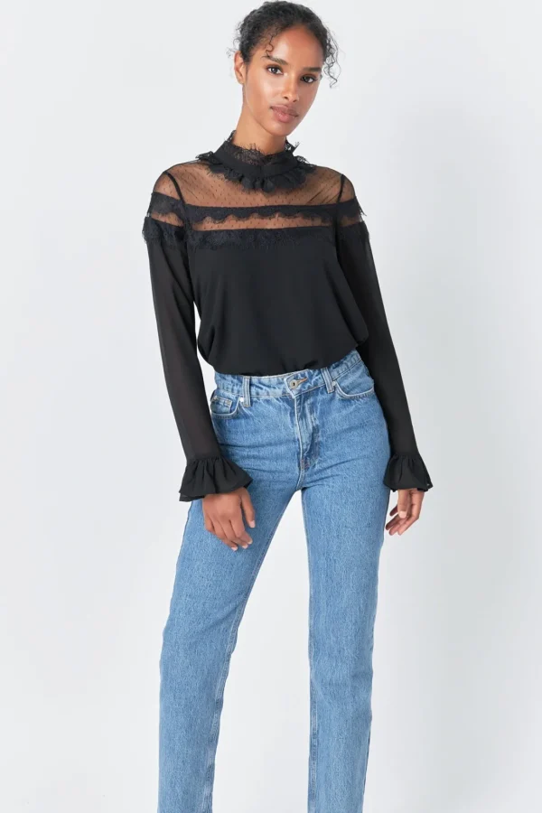 ENDLESS ROSE Tops*- Blouse with Mesh Yoke and Lace Trim Detail BLACK