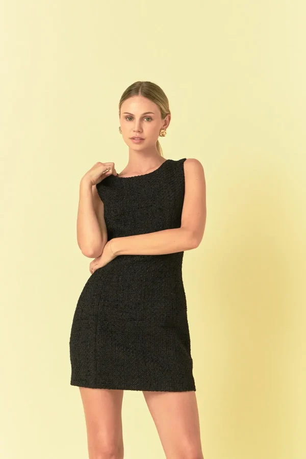 ENDLESS ROSE Tweed Dresses | Tops*- Boat Neck Tweed Mini Dress BLACK