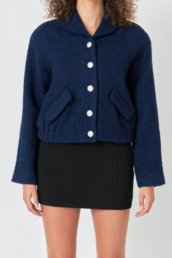 ENDLESS ROSE Jackets & Coats | Tops*- Boucle Tweed Buttoned Bomber NAVY