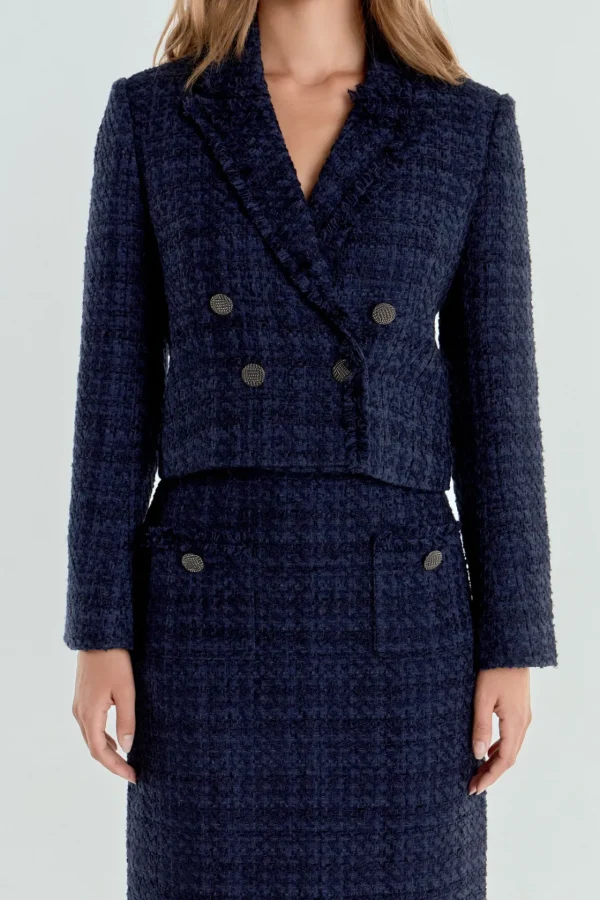ENDLESS ROSE Jackets & Coats | Tops*- Boucle Tweed Double Breast Jacket NAVY