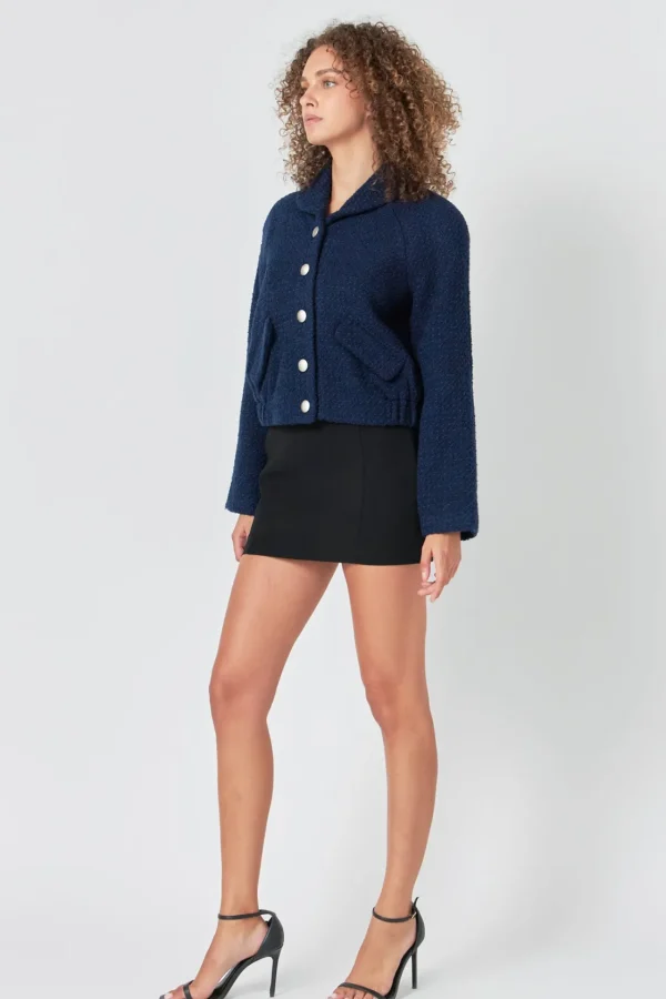 ENDLESS ROSE Jackets & Coats | Tops*- Boucle Tweed Buttoned Bomber NAVY