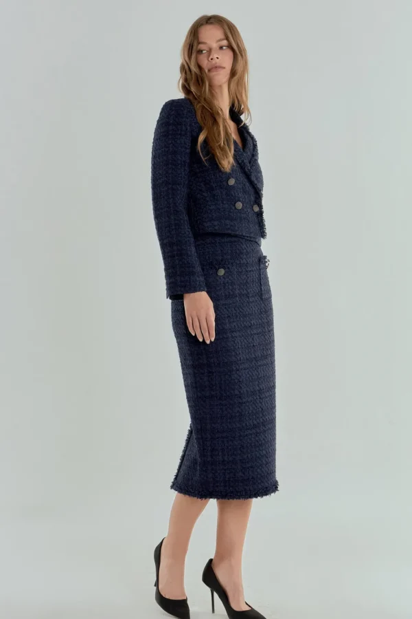 ENDLESS ROSE Jackets & Coats | Tops*- Boucle Tweed Double Breast Jacket NAVY