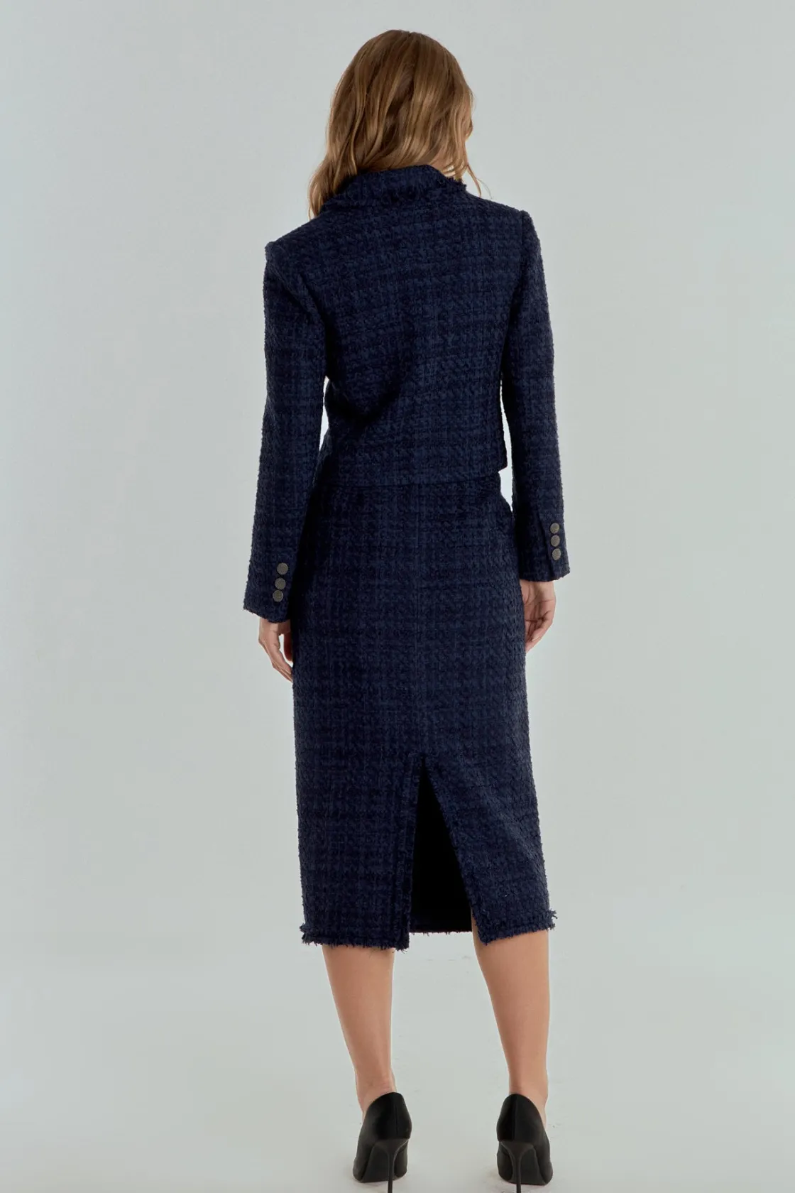 endless_rose__boucle_twee_2-3.webp ENDLESS ROSE Skirts | Tops*- Boucle Tweed Trimmed Midi Skirt NAVY