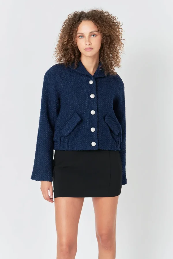 ENDLESS ROSE Jackets & Coats | Tops*- Boucle Tweed Buttoned Bomber NAVY