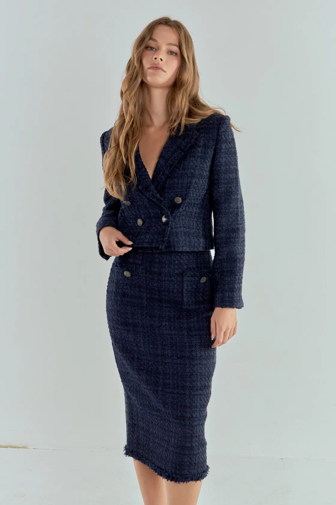 endless_rose__boucle_twee_3-3.webp ENDLESS ROSE Skirts | Tops*- Boucle Tweed Trimmed Midi Skirt NAVY