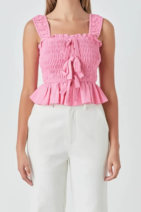 ENDLESS ROSE Tops*- Bow Smocked Top PINK