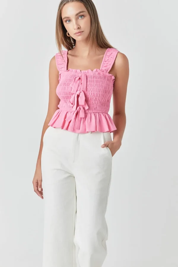 ENDLESS ROSE Tops*- Bow Smocked Top PINK