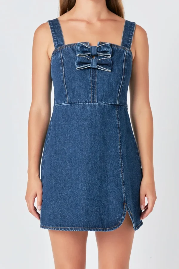 ENDLESS ROSE Denim | Tops*- Bow Trim Denim Mini Dress BLUE