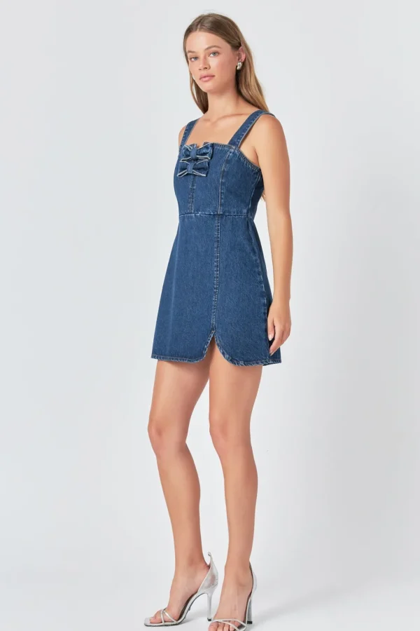 ENDLESS ROSE Denim | Tops*- Bow Trim Denim Mini Dress BLUE