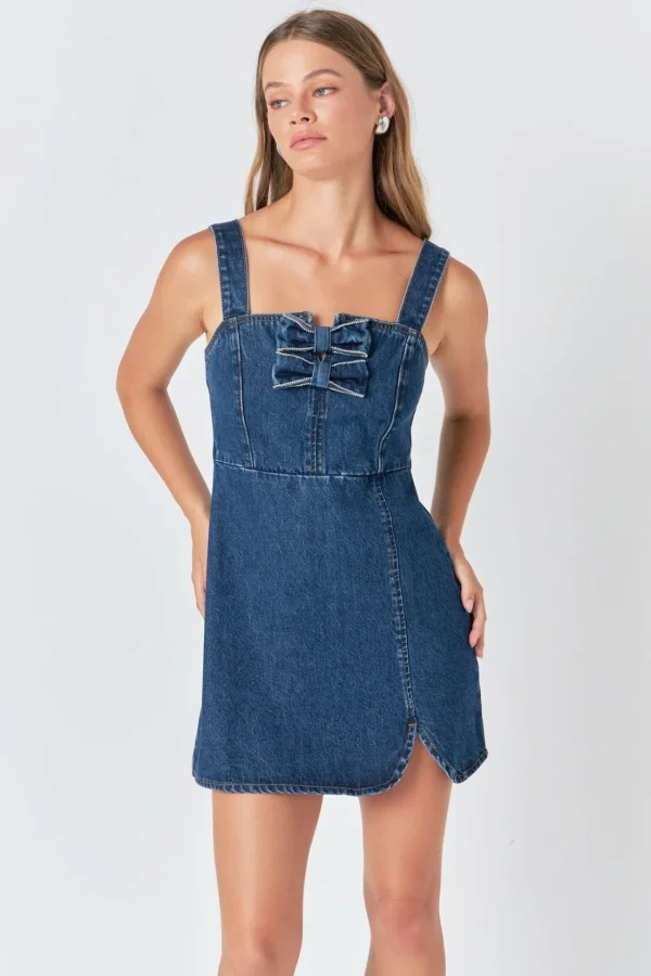 ENDLESS ROSE Denim | Tops*- Bow Trim Denim Mini Dress BLUE
