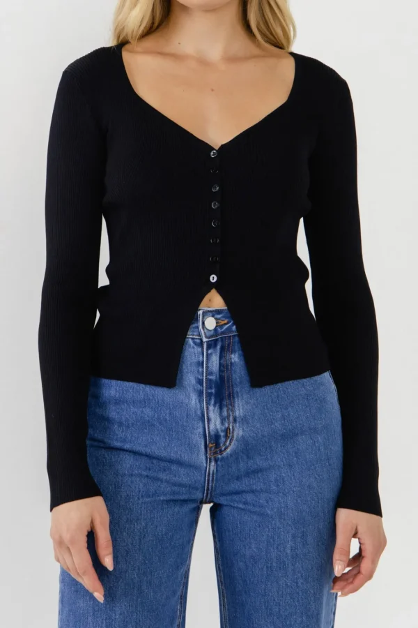 ENDLESS ROSE Tops*- Button Down Corset Detail Knit Top