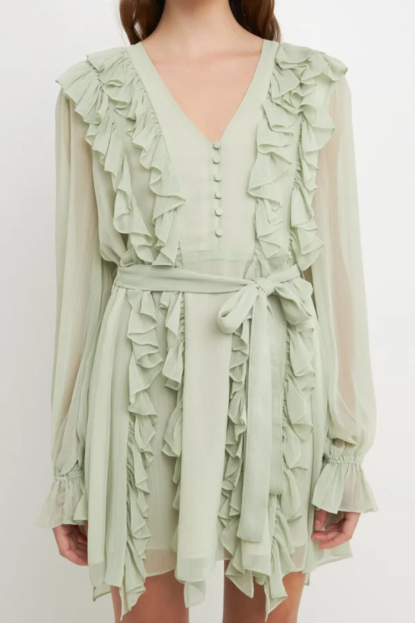 ENDLESS ROSE Tops*- Button Down Ruffle Mini Dress PISTACHIO