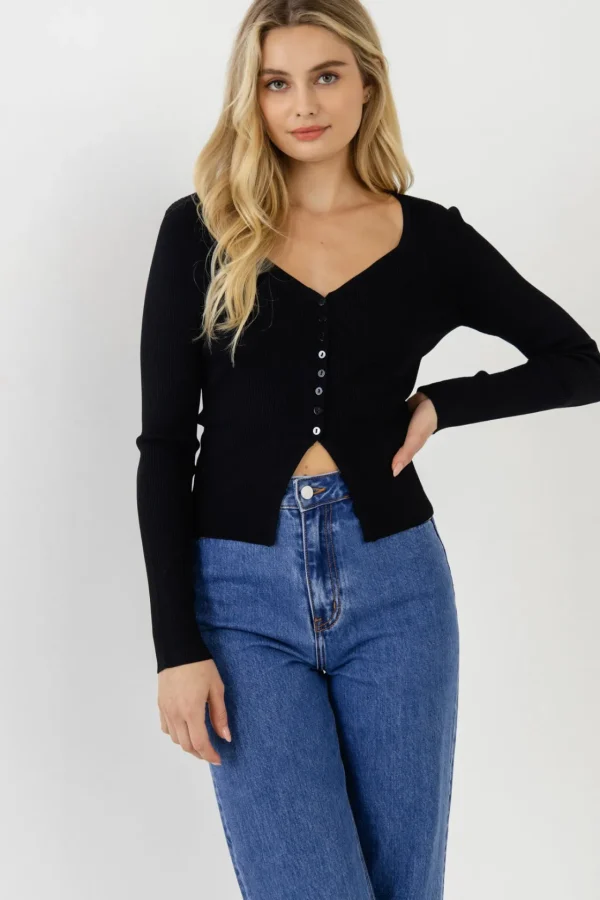 ENDLESS ROSE Tops*- Button Down Corset Detail Knit Top