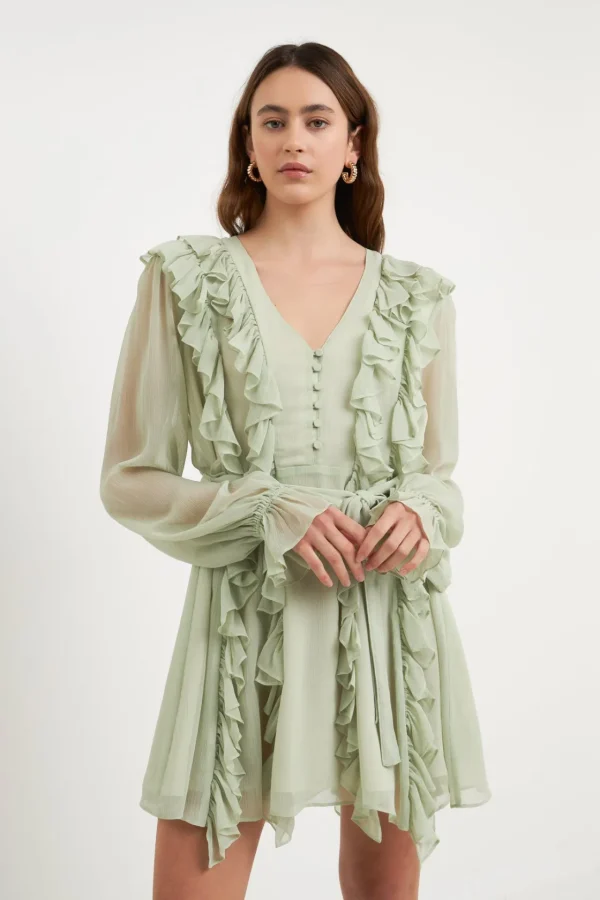 ENDLESS ROSE Tops*- Button Down Ruffle Mini Dress PISTACHIO