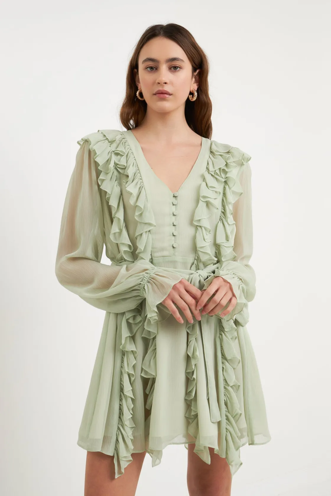 endless_rose__button_down_3.webp ENDLESS ROSE Tops*- Button Down Ruffle Mini Dress PISTACHIO