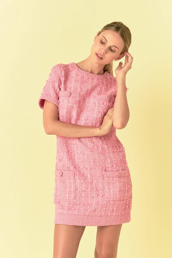 ENDLESS ROSE Tweed Dresses | Tops*- Buttoned Tweed Shift Dress PINK