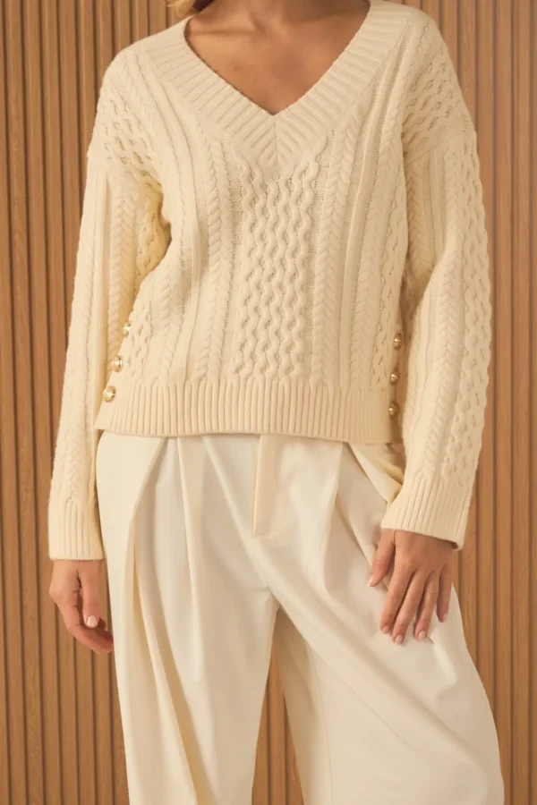 ENDLESS ROSE Sweaters & Knits | Tops*- Cable Knit V-Neck Long Sleeve Sweater IVORY