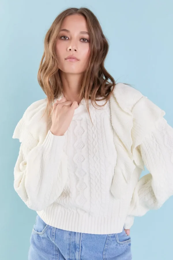 ENDLESS ROSE Sweaters & Knits | Tops*- Cable Knit Ruffled Sweater IVORY